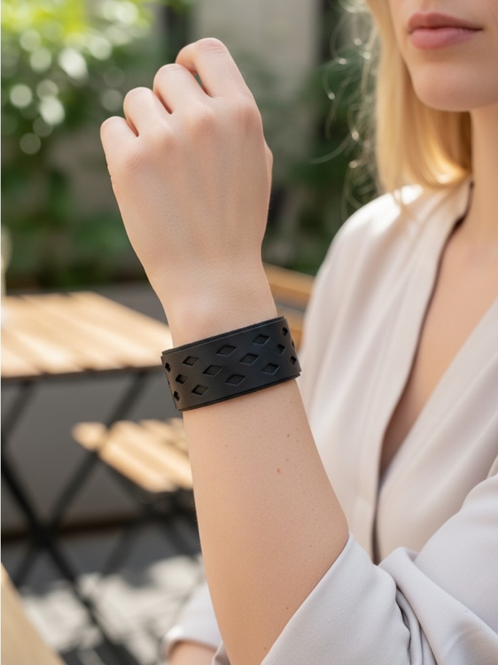 Black Leather Cutout Cuff Bracelet